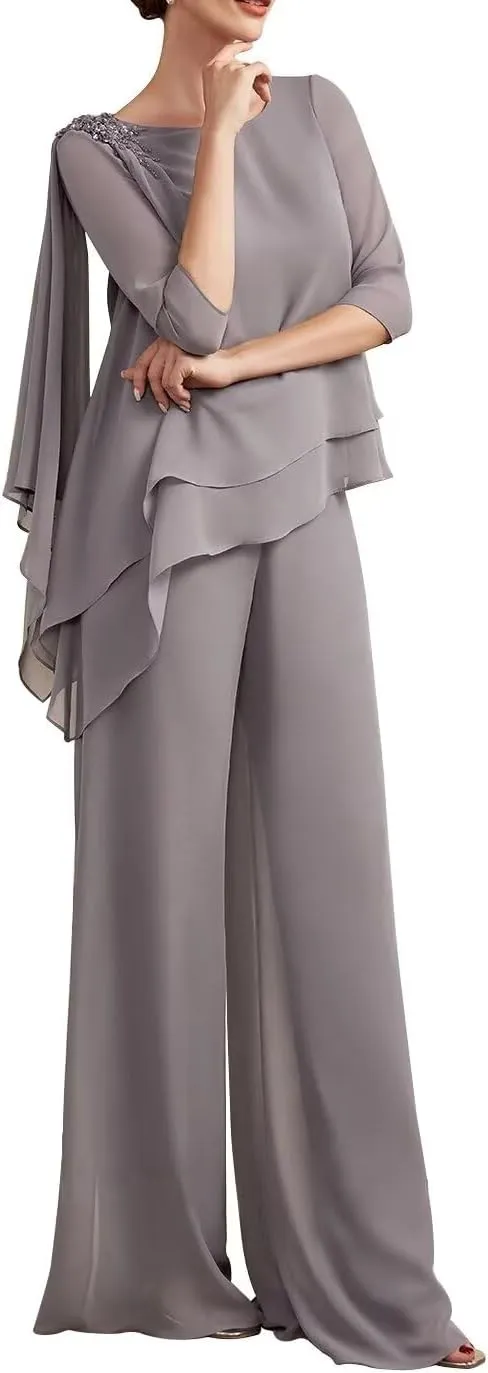 2 Piece Mother of The Bride Dresses Pant Suits Beaded Evening Formal Jumpsuit Tiered Wedding Guest Groom