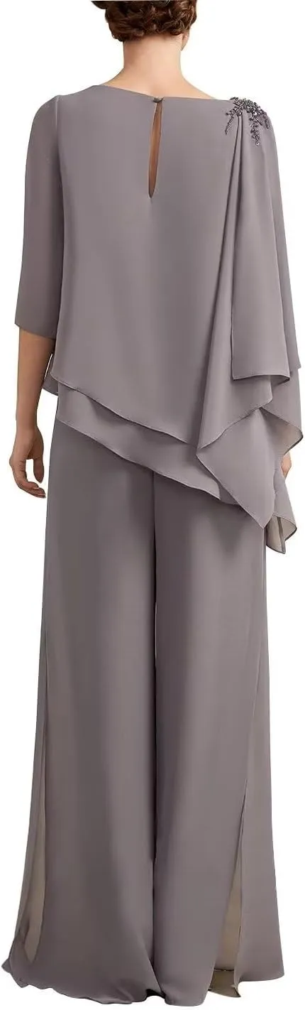 2 Piece Mother of The Bride Dresses Pant Suits Beaded Evening Formal Jumpsuit Tiered Wedding Guest Groom