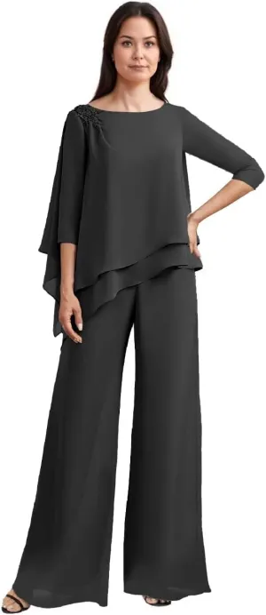 2 Piece Mother of The Bride Pant Suits Chiffon Outfit Sets for Wedding Grandmother of The Bride Pantsuits