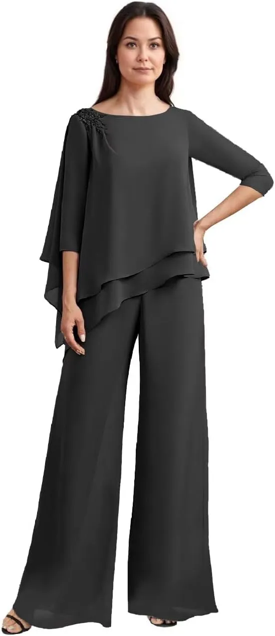 2 Piece Mother of The Bride Pant Suits Chiffon Outfit Sets for Wedding Grandmother of The Bride Pantsuits