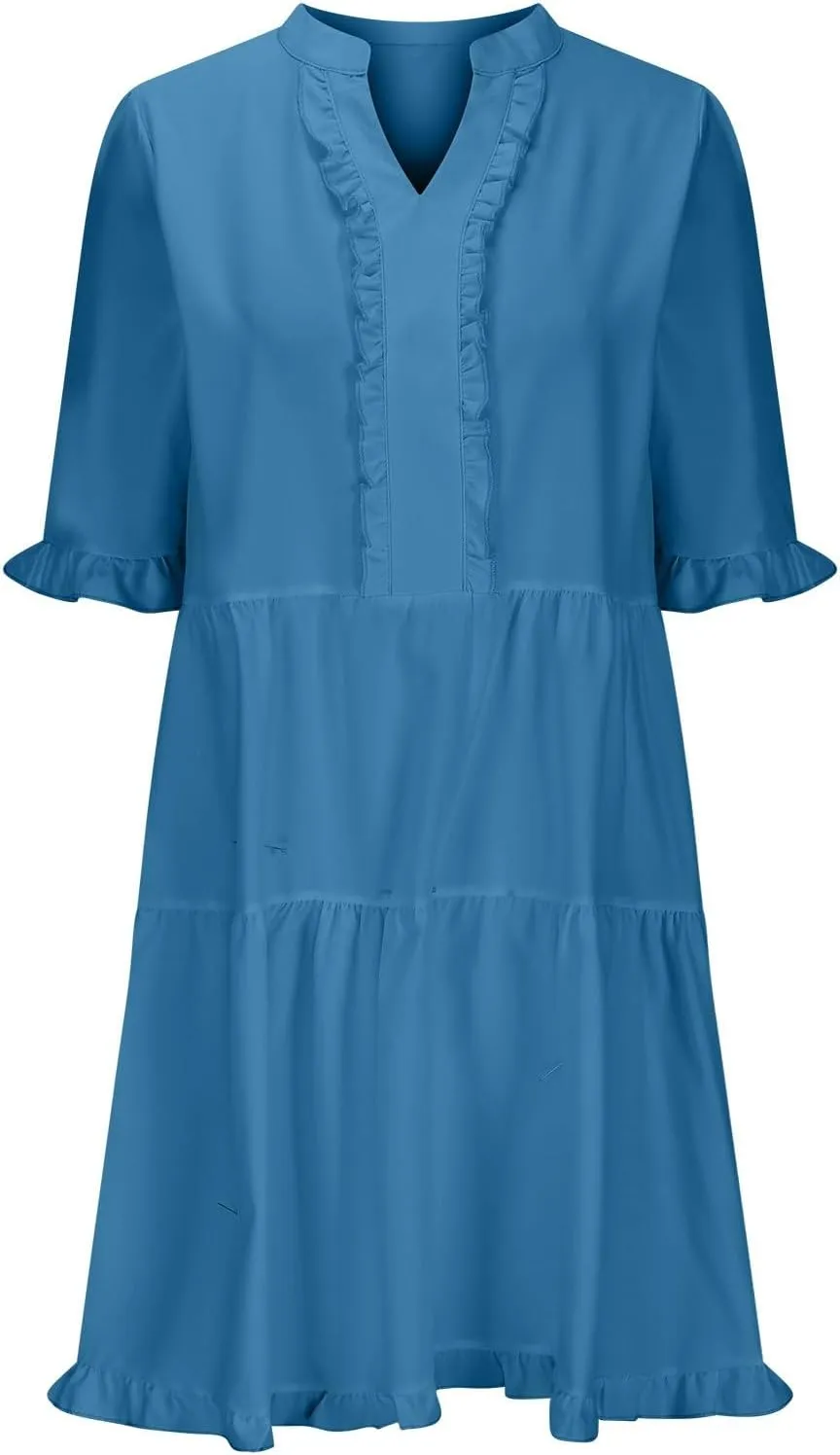 2025 Women Dresses Spring Summer V Neck Ruffle Short Sleeve Casual A-Line Flowy Dress Babydoll Shift Dress Mini Dress