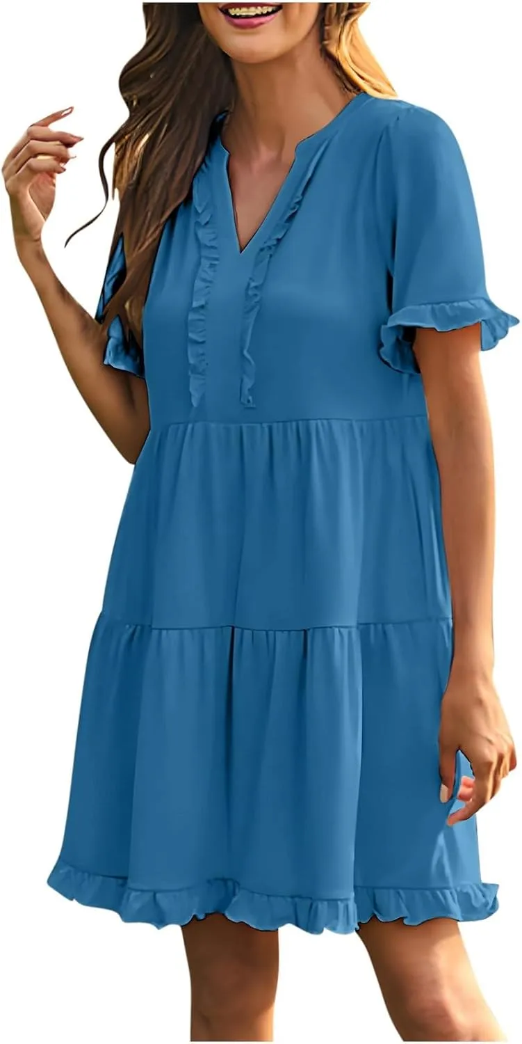 2025 Women Dresses Spring Summer V Neck Ruffle Short Sleeve Casual A-Line Flowy Dress Babydoll Shift Dress Mini Dress