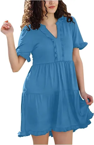 2025 Women Dresses Spring Summer V Neck Ruffle Short Sleeve Casual A-Line Flowy Dress Babydoll Shift Dress Mini Dress