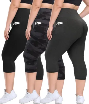3 Pack Plus Size Leggings with Pockets for Women - High Waisted Tummy Control Spandex Soft Black Workout Yoga Pants