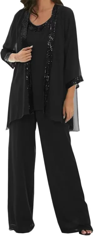 3 Pcs Mother of The Bride Dresses Pantsuit for Wedding 3/4 Sleeves Formal Pants Outfit with Jacket
