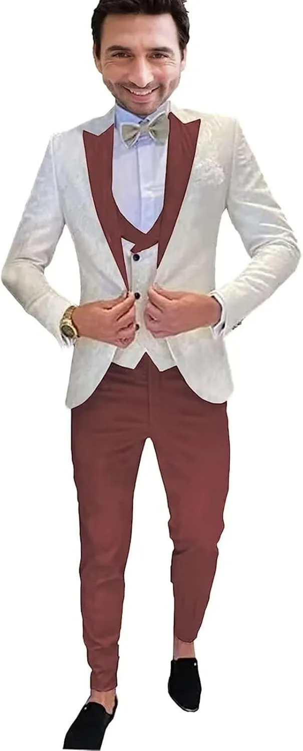 3 Piece Wedding Suits for Men Slim Fit One Button Fashion Jacket Vest Pants Suit Set Tuxedo Suit Set