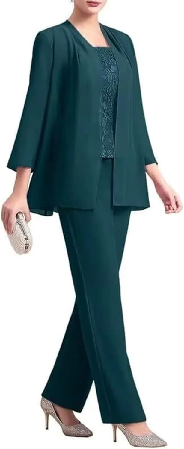 3 Pieces Mother of The Bride Dresses Pant Suits for Women Chiffon Lace Long Sleeve Outfit Formal Evening Gowns