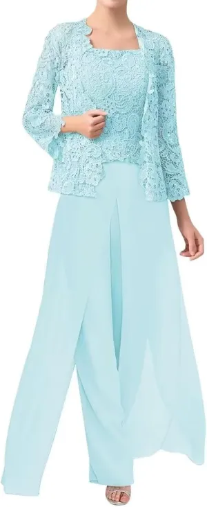 3 Pieces Mother of The Bride Pants Suits Formal Dress Lace Appliques Evening Gowns for Women with Jacket