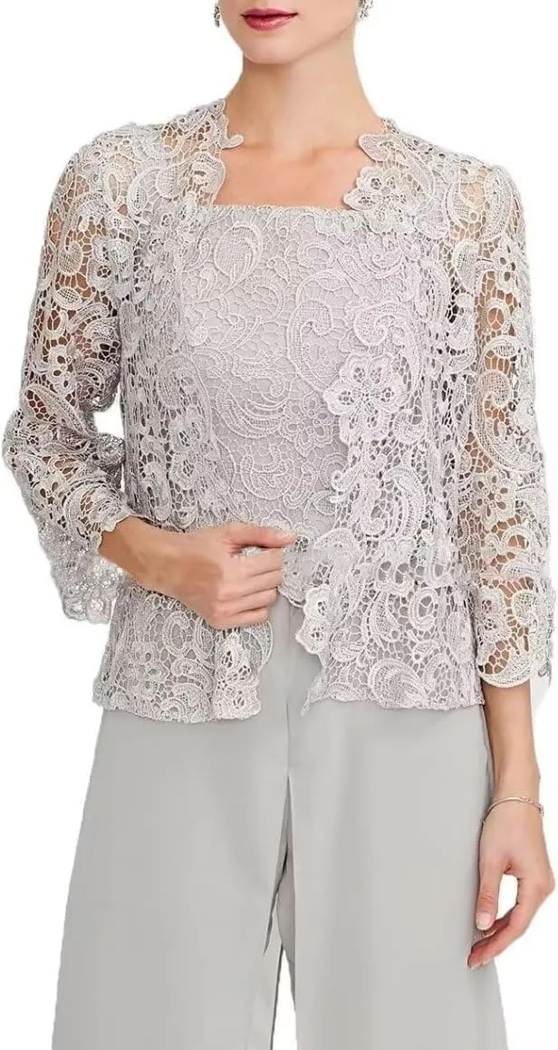 3 Pieces Mother of The Bride Pants Suits Formal Dress Lace Appliques Evening Gowns for Women with Jacket