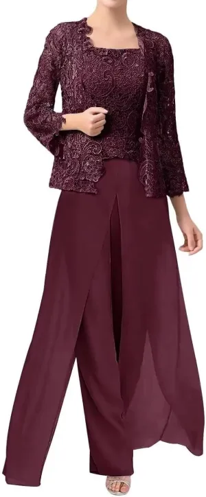 3 Pieces Mother of The Bride Pants Suits Formal Dress Lace Appliques Evening Gowns for Women with Jacket