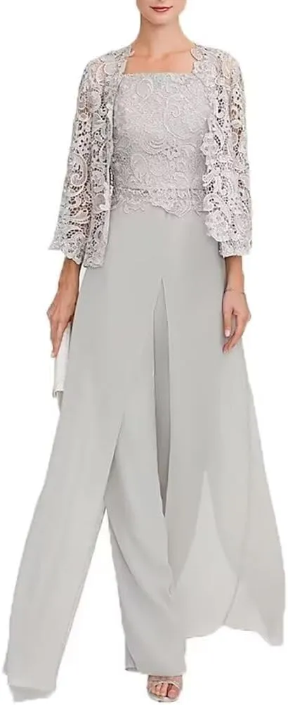 3 Pieces Mother of The Bride Pants Suits Formal Dress Lace Appliques Evening Gowns for Women with Jacket