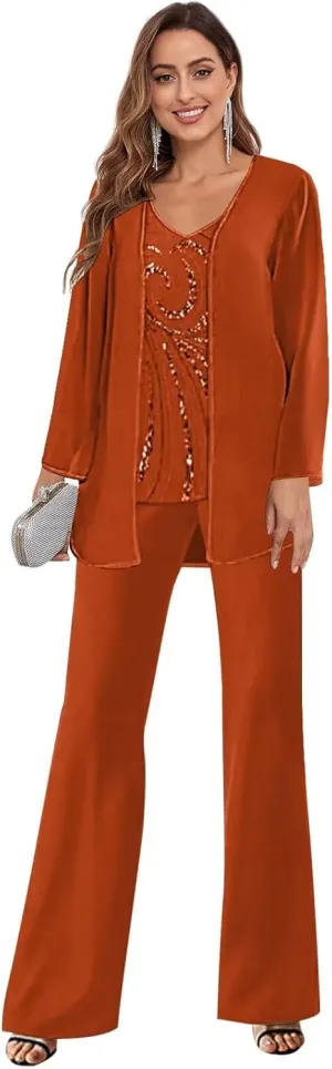 3 Pieces Mother of The Bride Pantsuits with Jacket Long Sleeves Formal Evening Pants Outfit
