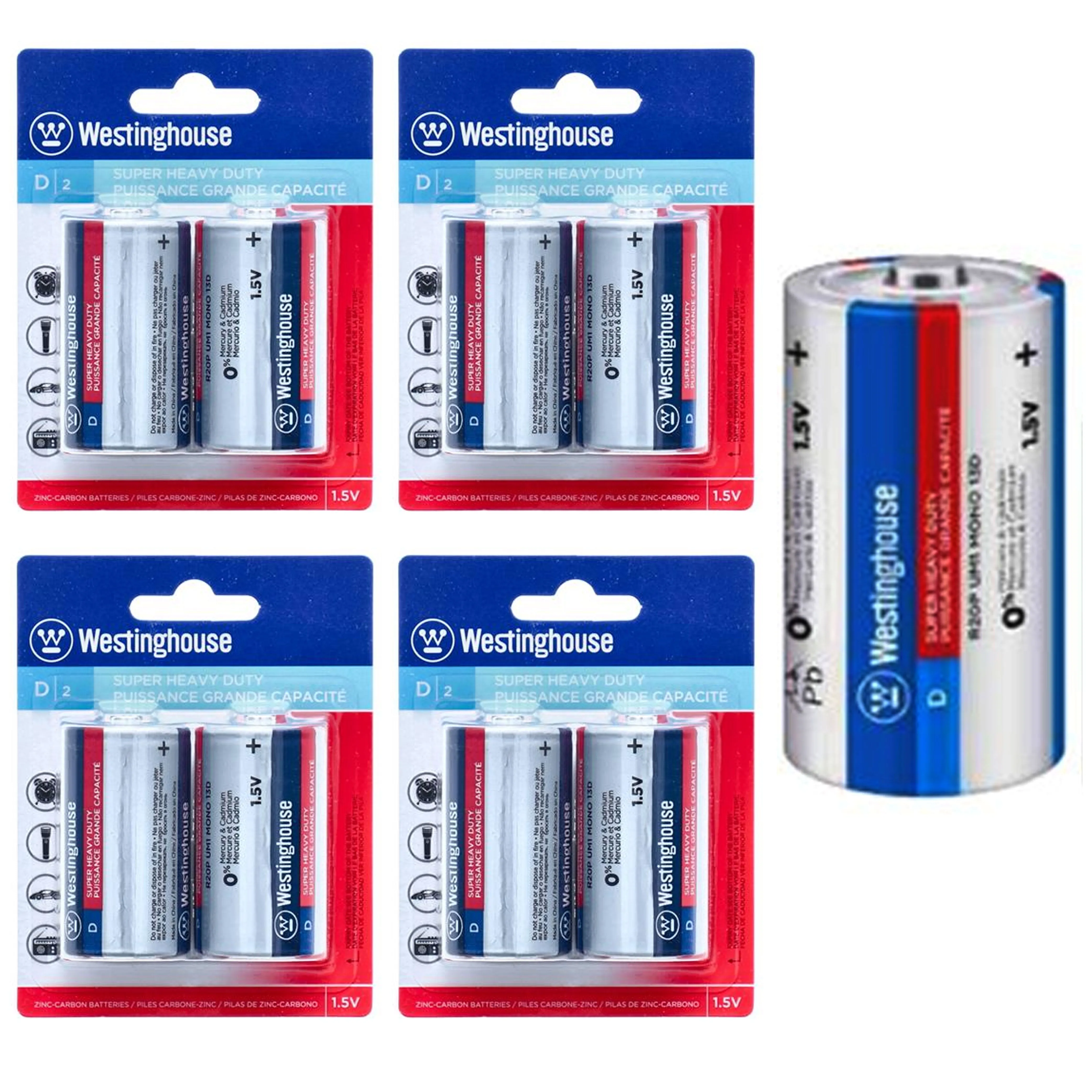 8 Pc Long Lasting Super Heavy Duty Size D Batteries 1.5V Zinc Carbon Power
