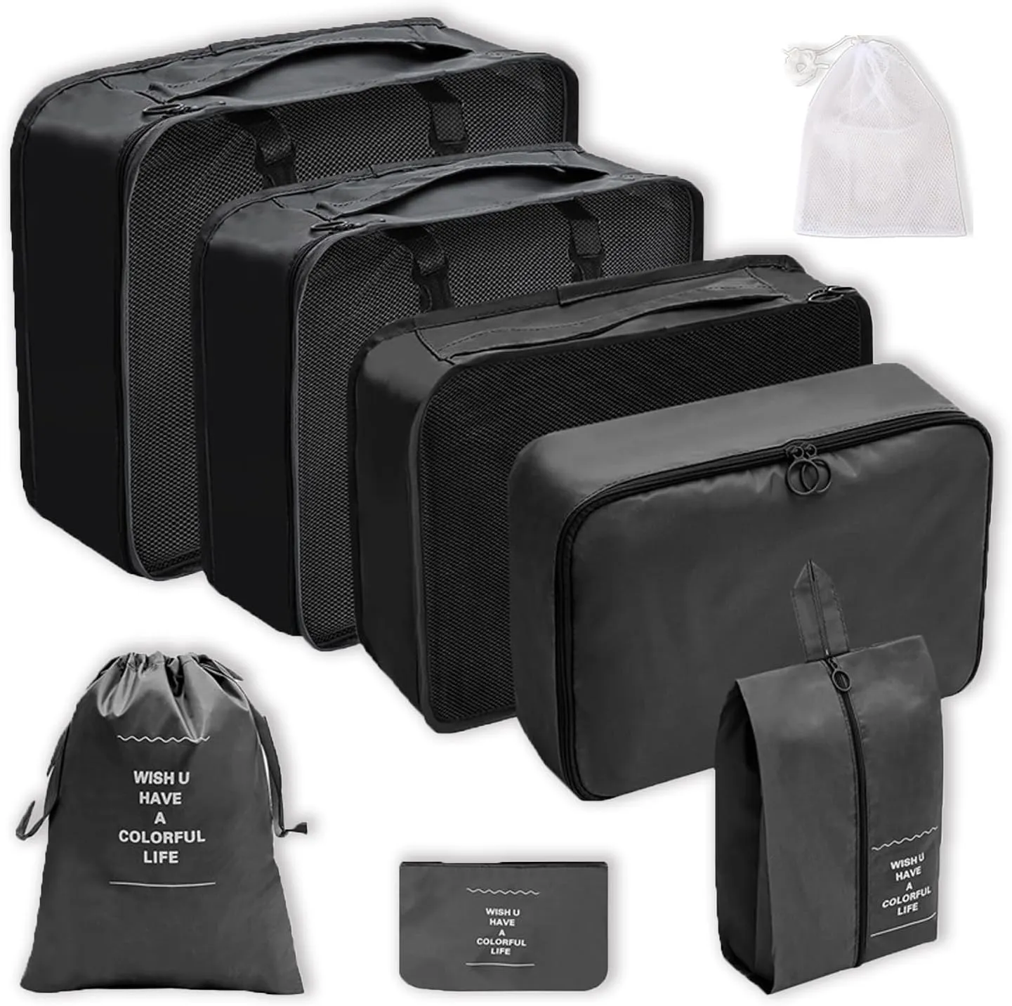 8 Set Travel Packing Organizers Luggage Cubes Organizer Cube Bag Set Suitcase Carry Bags Storage Organizers Suitcases (Black)