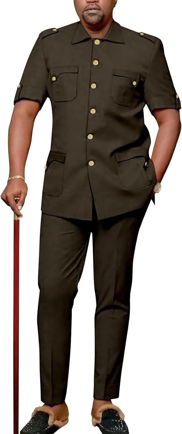 Africa Men's Suit Short Sleeve Metal Single Breasted Shirt Long Pants 2 Piece Set Casual Banquet Formal Wear
