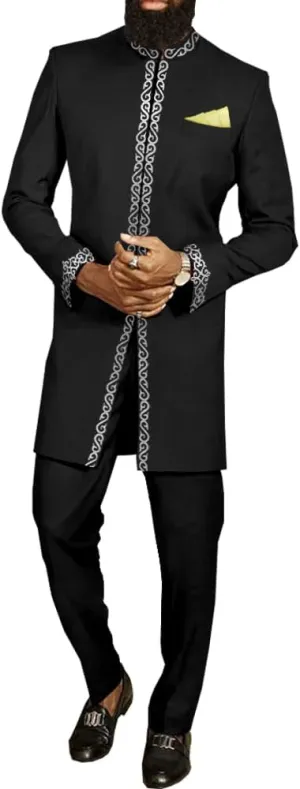 African Suit for Men Jacket and Trousers 2 Piece Set Dashiki Blazer with Kerchief Bazin Riche Kaftan Wedding Evening