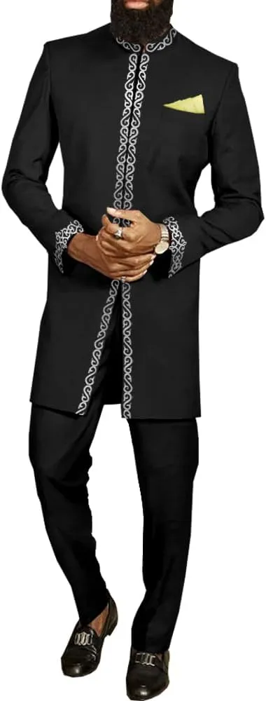 African Suit for Men Jacket and Trousers 2 Piece Set Dashiki Blazer with Kerchief Bazin Riche Kaftan Wedding Evening