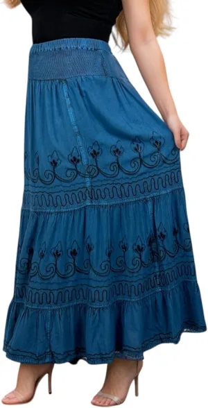 Agan Traders Women's 2025 Summer Peasant High Elastic Waistband Flared Gypsy Long Embroidered Maxi Skirt