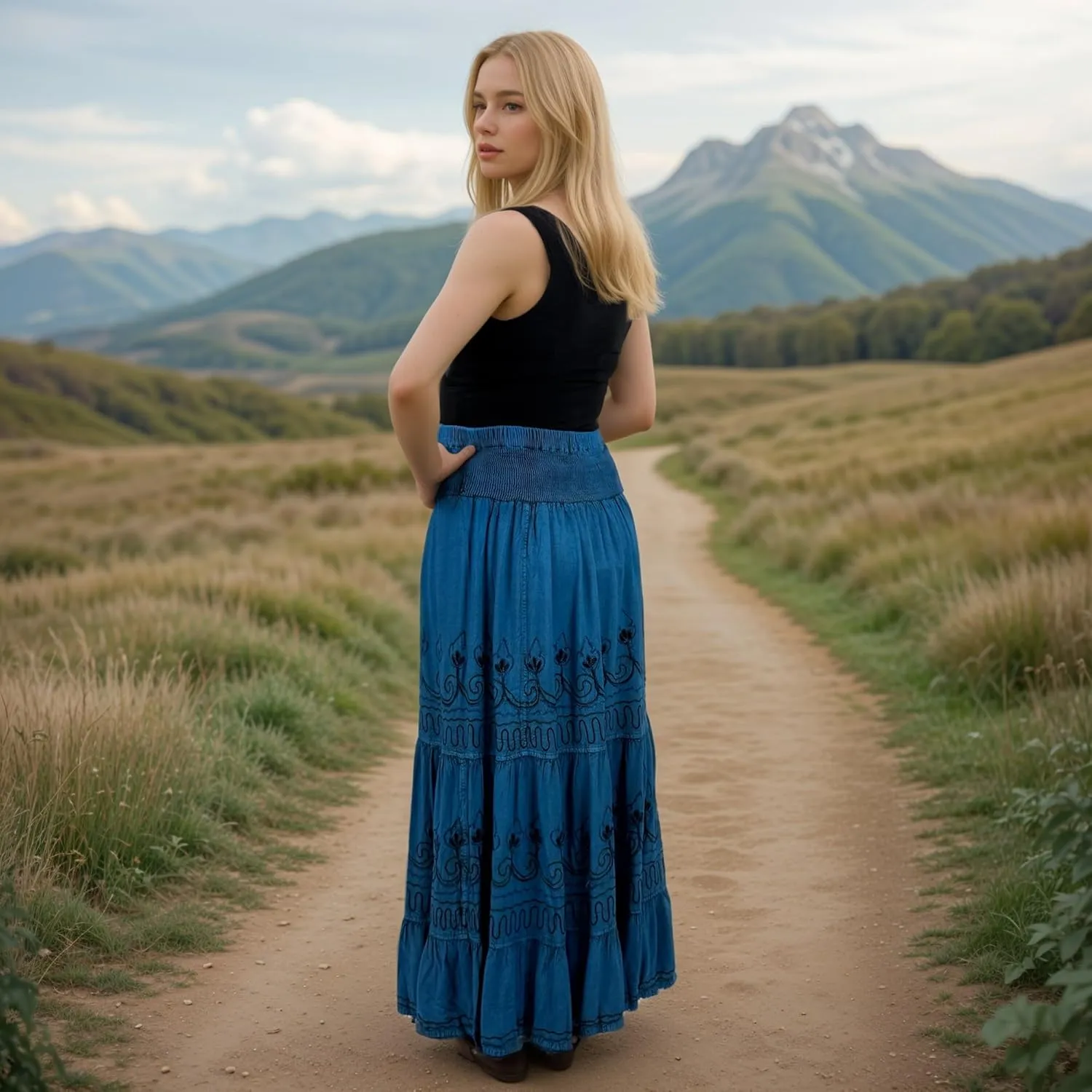 Agan Traders Women's 2025 Summer Peasant High Elastic Waistband Flared Gypsy Long Embroidered Maxi Skirt