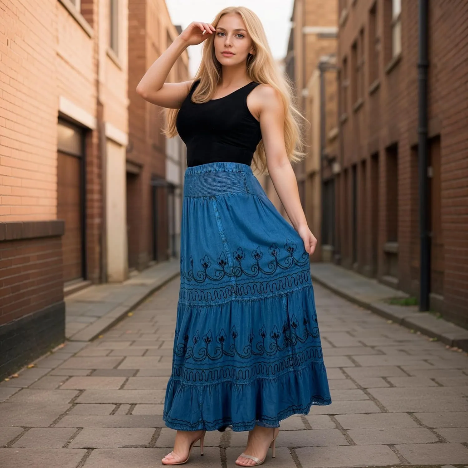 Agan Traders Women's 2025 Summer Peasant High Elastic Waistband Flared Gypsy Long Embroidered Maxi Skirt
