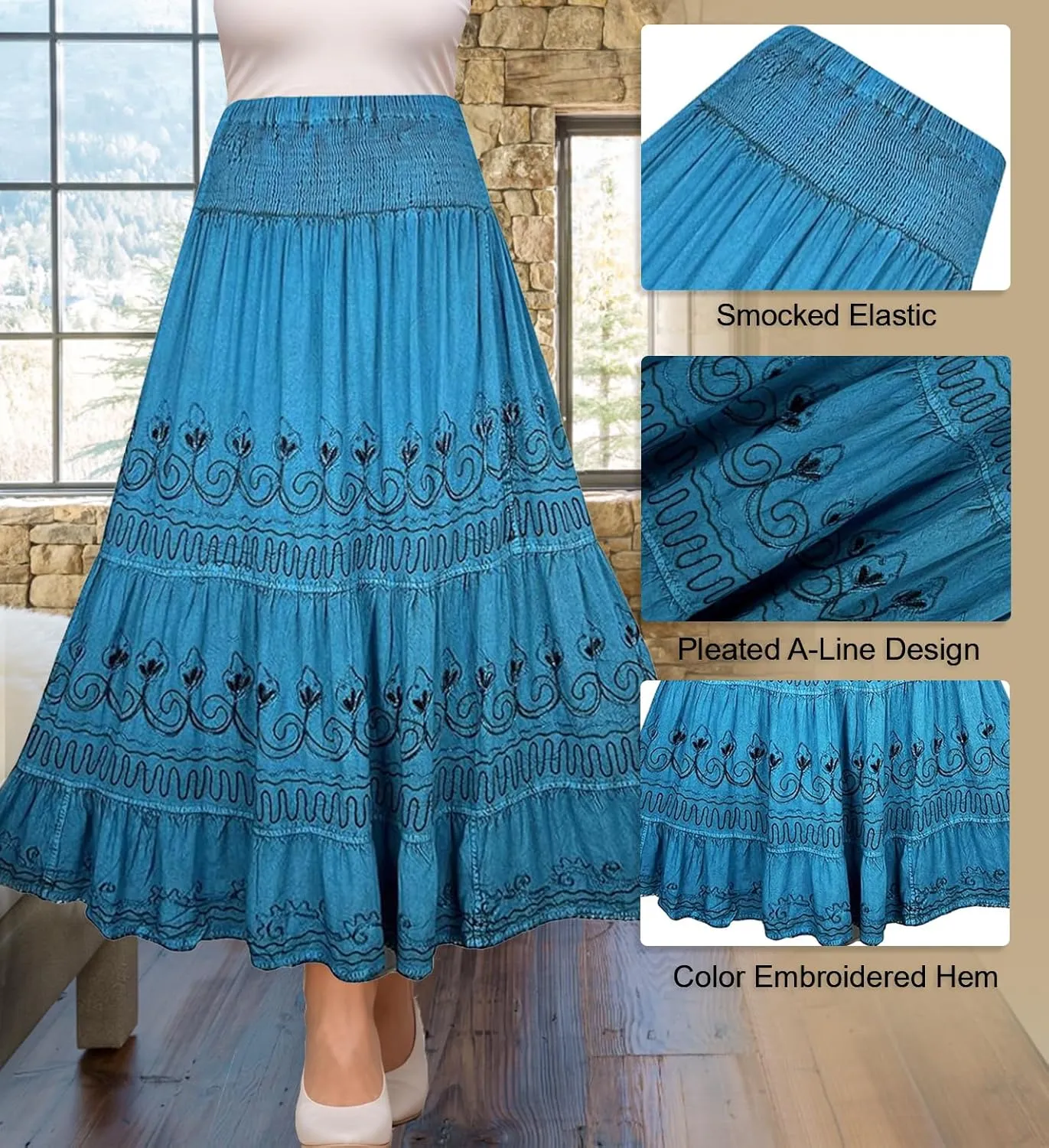 Agan Traders Women's 2025 Summer Peasant High Elastic Waistband Flared Gypsy Long Embroidered Maxi Skirt