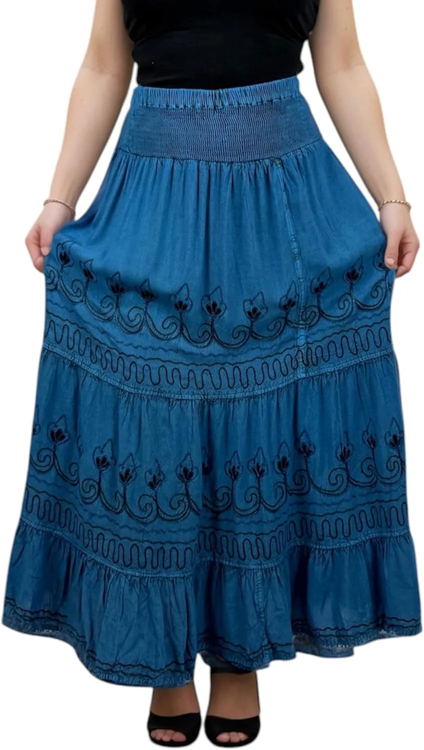 Agan Traders Women's 2025 Summer Peasant High Elastic Waistband Flared Gypsy Long Embroidered Maxi Skirt