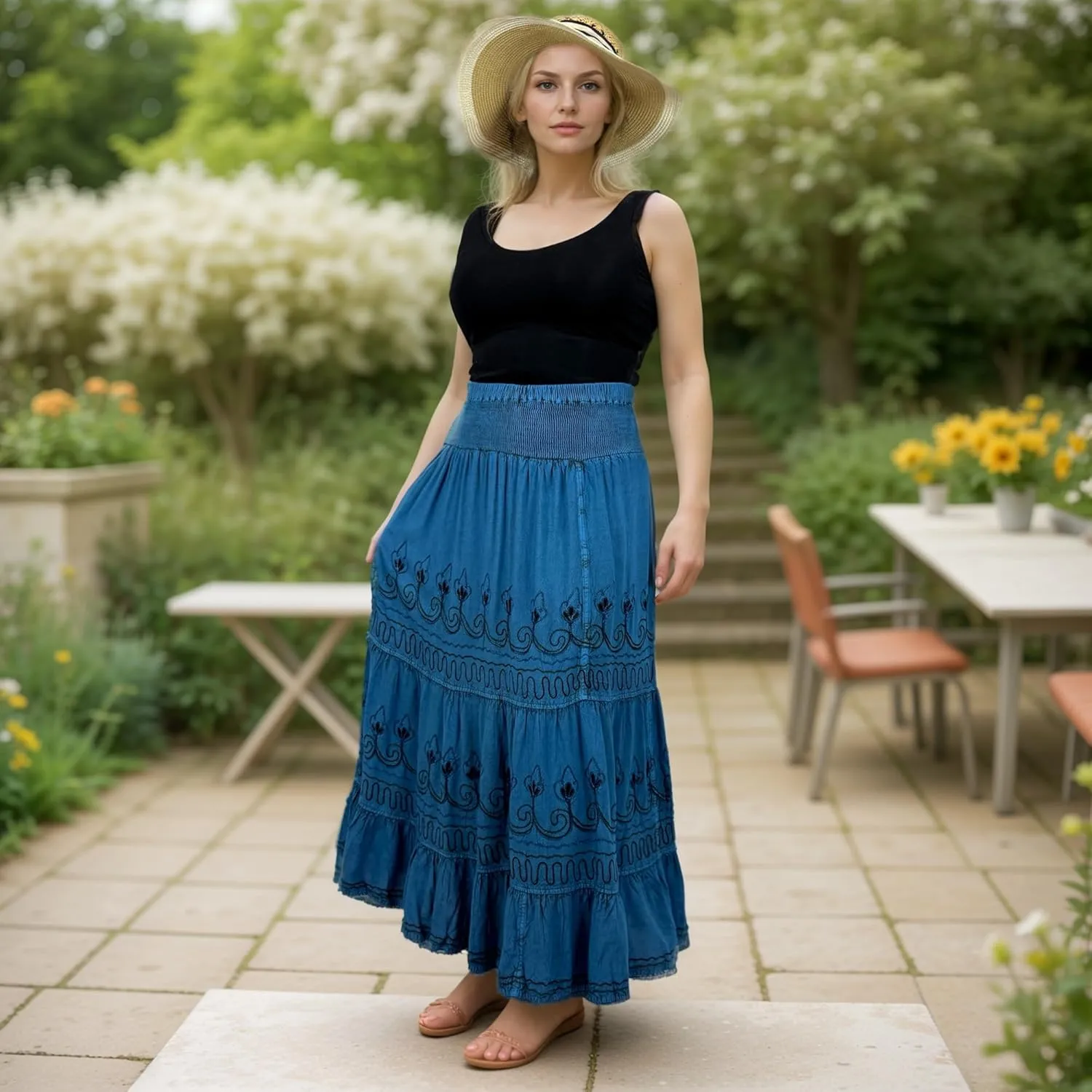 Agan Traders Women's 2025 Summer Peasant High Elastic Waistband Flared Gypsy Long Embroidered Maxi Skirt