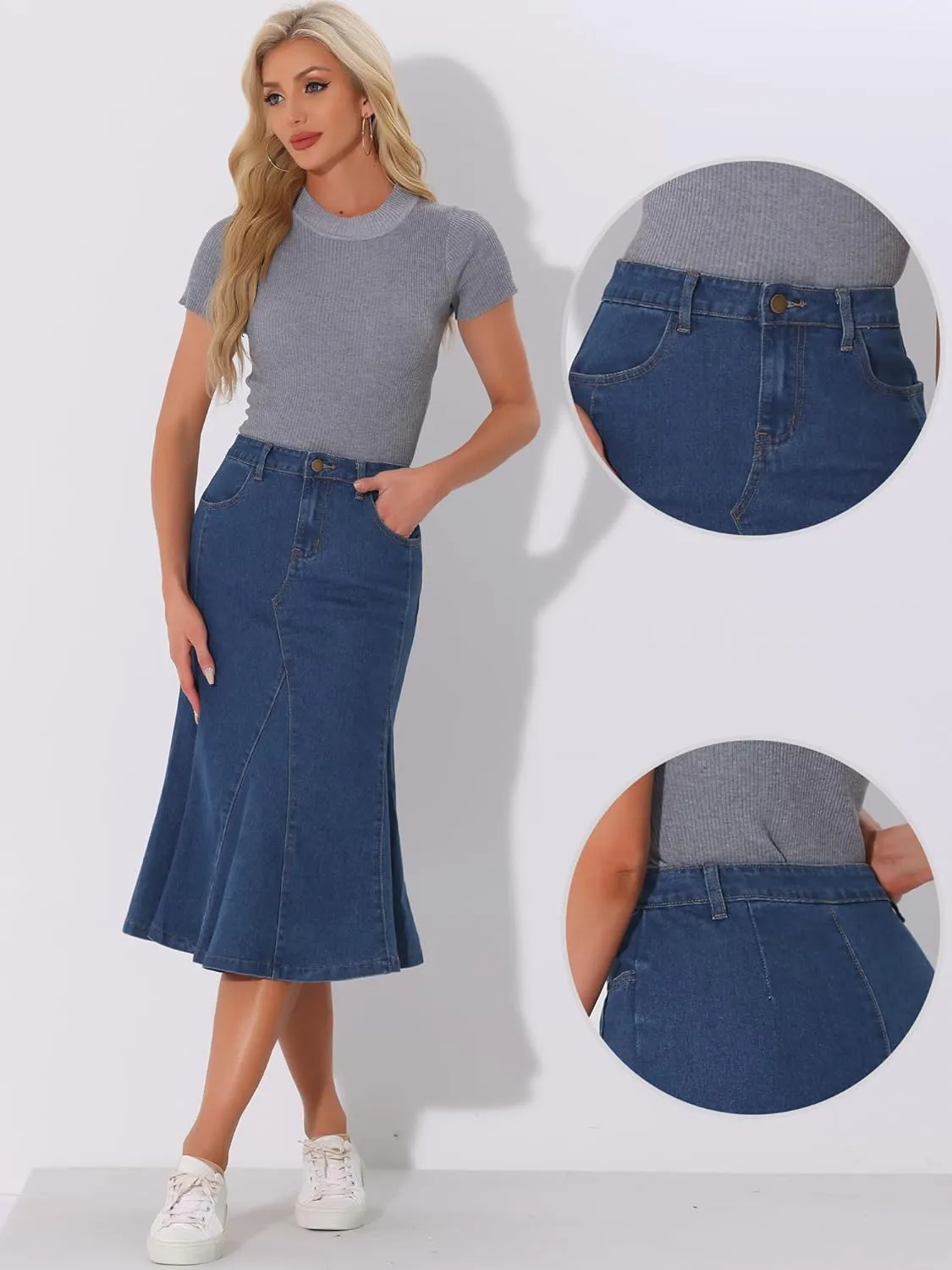 Allegra K Casual Denim Skirt for Women's High Waisted A-Line Flared Midi Skirts