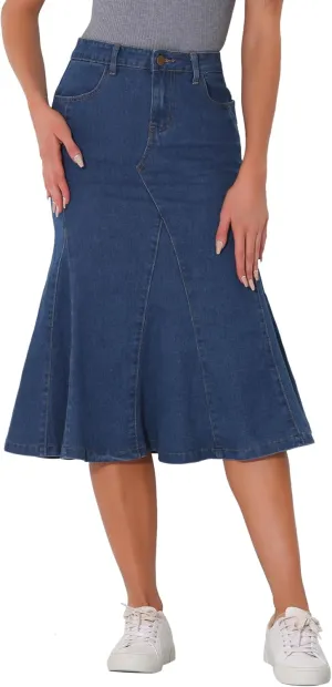 Allegra K Casual Denim Skirt for Women's High Waisted A-Line Flared Midi Skirts