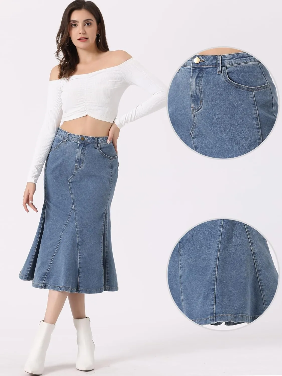 Allegra K Casual Denim Skirt for Women's High Waisted A-Line Flared Midi Skirts