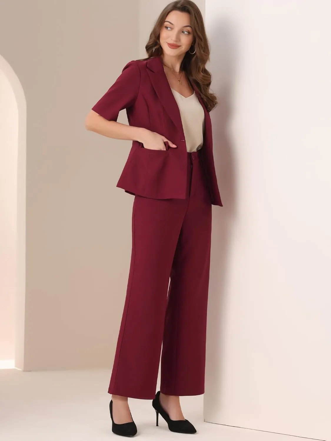 Allegra K Short Sleeve Blazer Pant Suits Set for Women Business Casual 2 Piece Work Outfits