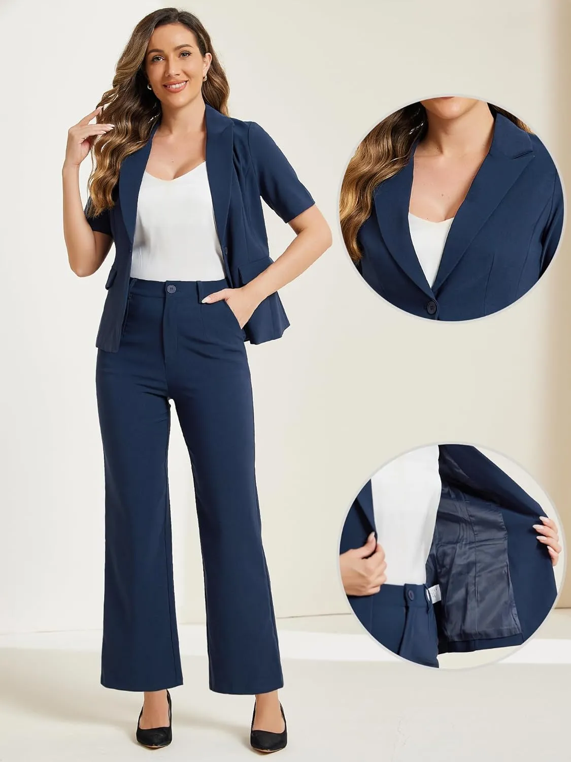Allegra K Short Sleeve Blazer Pant Suits Set for Women Business Casual 2 Piece Work Outfits