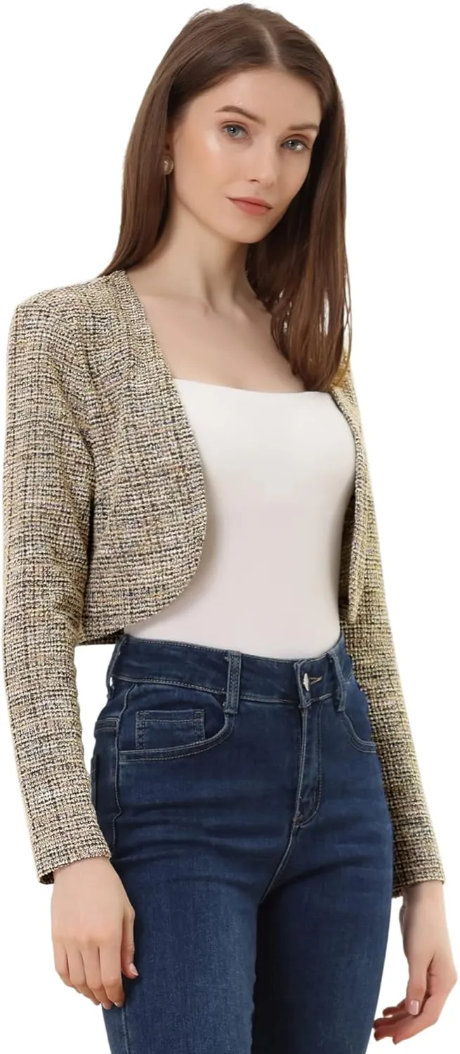 Allegra K Vintage Crop Shrugs for Women's Bolero Open Front Plaid Tweed Cardigan