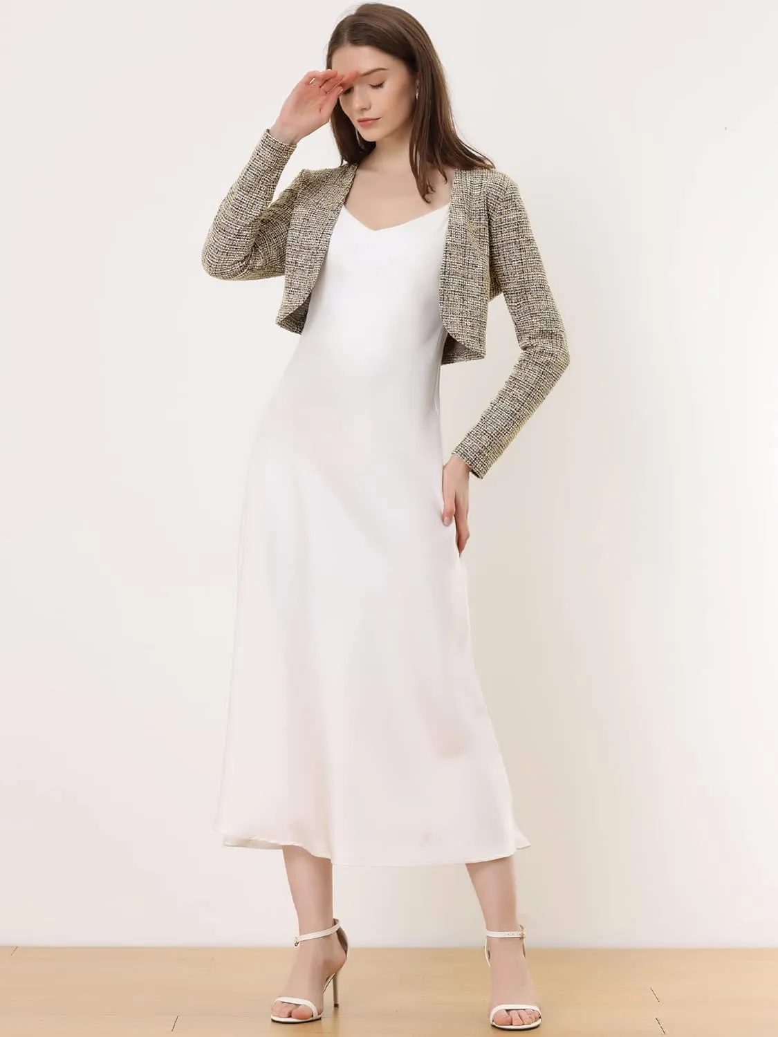 Allegra K Vintage Crop Shrugs for Women's Bolero Open Front Plaid Tweed Cardigan