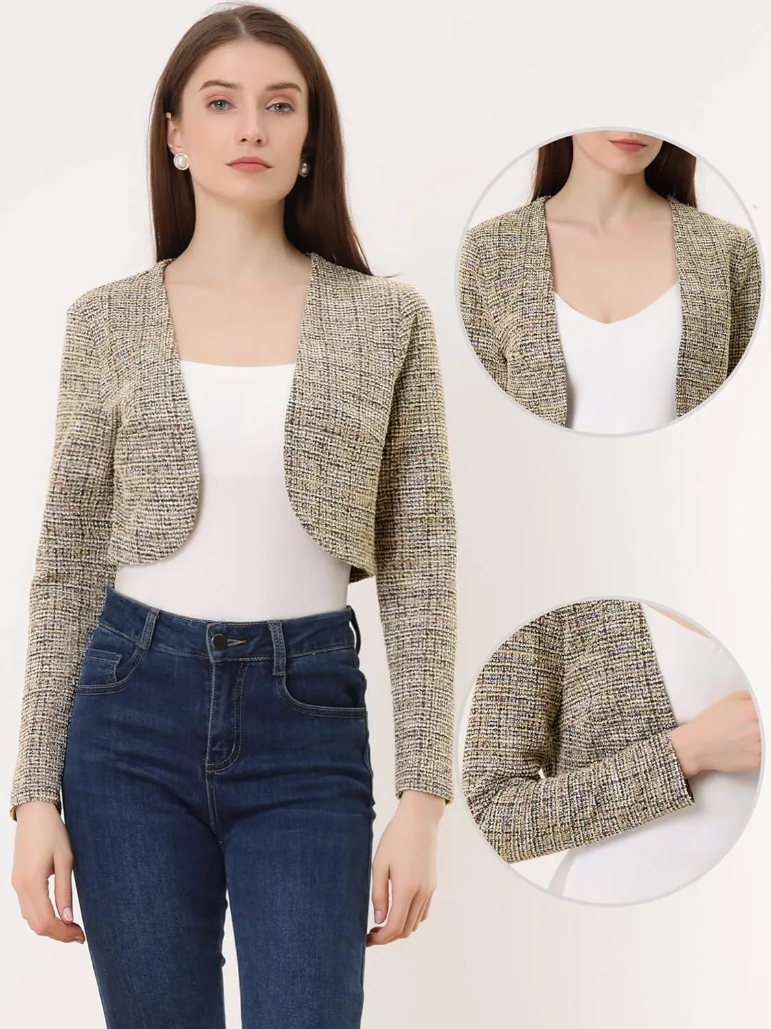 Allegra K Vintage Crop Shrugs for Women's Bolero Open Front Plaid Tweed Cardigan