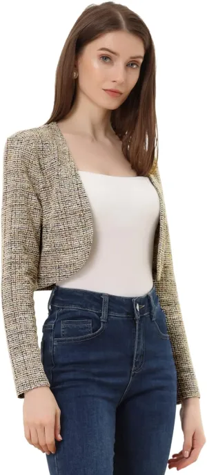 Allegra K Vintage Crop Shrugs for Women's Bolero Open Front Plaid Tweed Cardigan