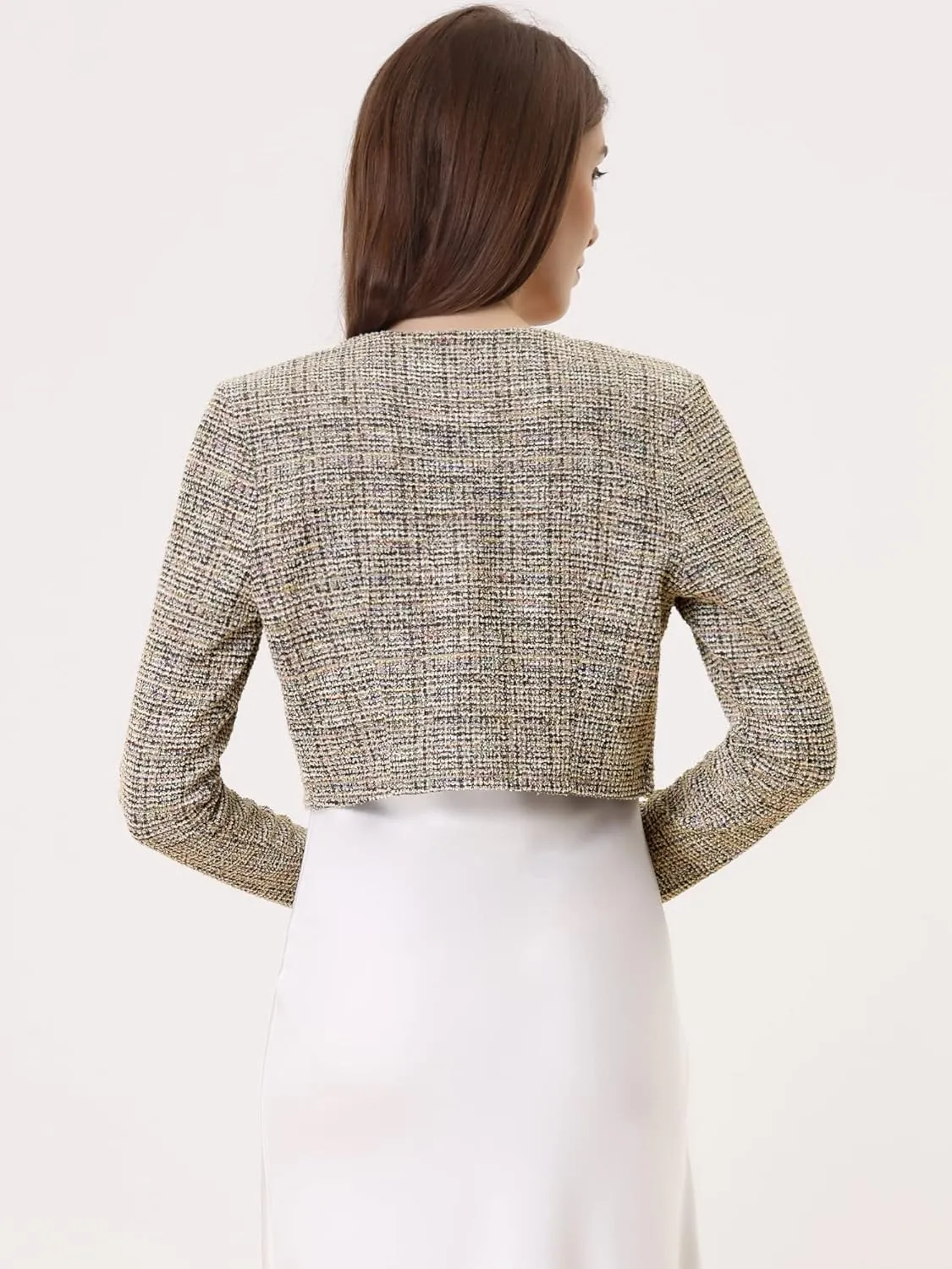 Allegra K Vintage Crop Shrugs for Women's Bolero Open Front Plaid Tweed Cardigan