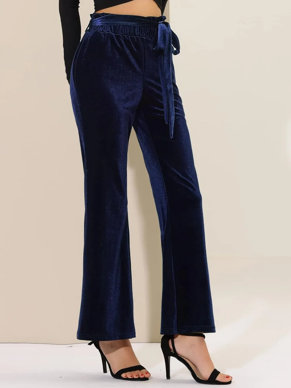 Allegra K Women's Velvet Pants Halloween Tie Waist Stretchy Wide Leg Pants with Pockets