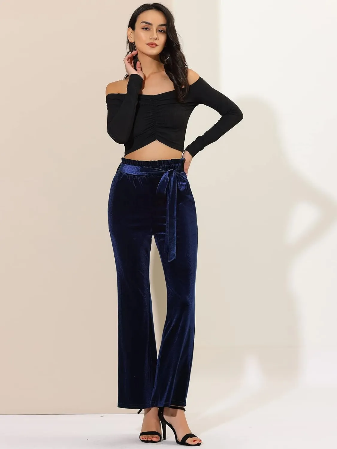Allegra K Women's Velvet Pants Halloween Tie Waist Stretchy Wide Leg Pants with Pockets