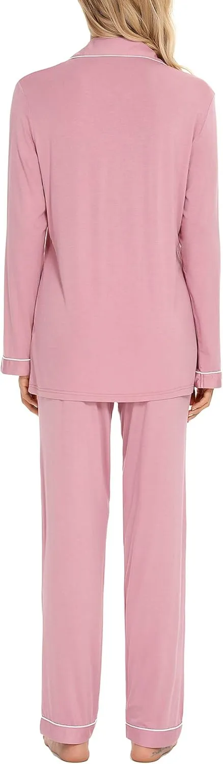 Anjue Pajamas for Women Soft Button Up Pajama Set Long Sleeve Shirt and Pajama Pants Lounge Sets S-XXL