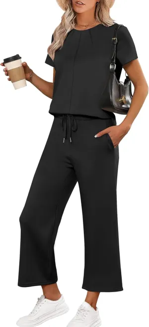 ANRABESS Women's 2 Piece Outfits Lounge Sets 2025 Summer Sweatsuits Short Sleeve Wide Leg Pants Sweat Set Tracksuits Clothes