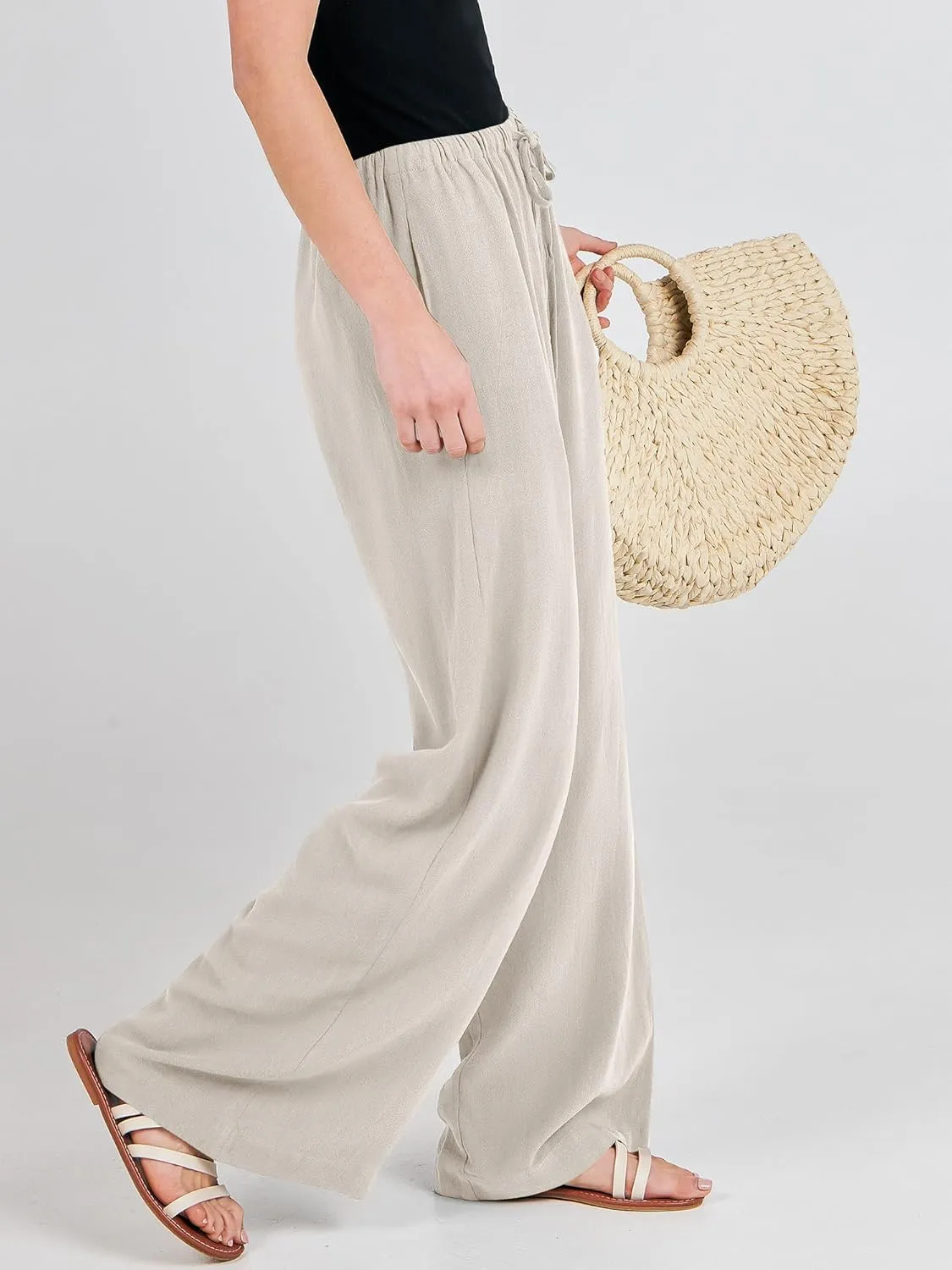 ANRABESS Womens Linen Palazzo Pants Summer Flowy Wide Leg Drawstring Casual Trousers with Pockets Beach Vacation Outfits