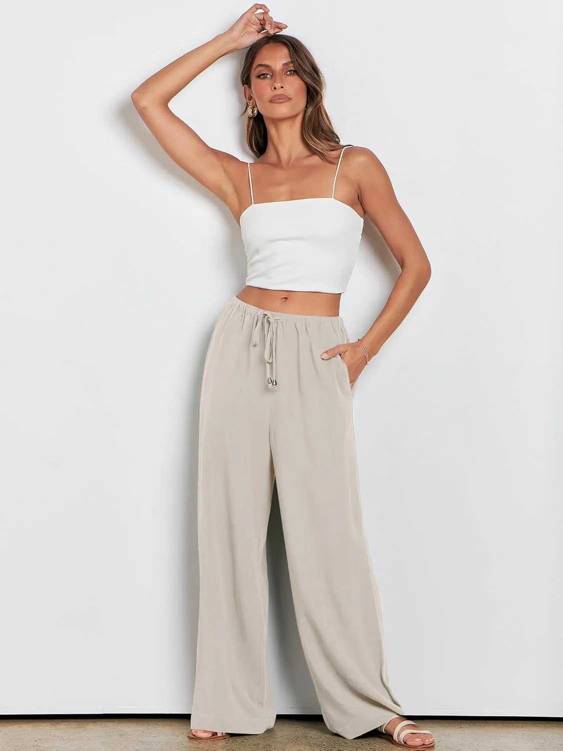 ANRABESS Womens Linen Palazzo Pants Summer Flowy Wide Leg Drawstring Casual Trousers with Pockets Beach Vacation Outfits