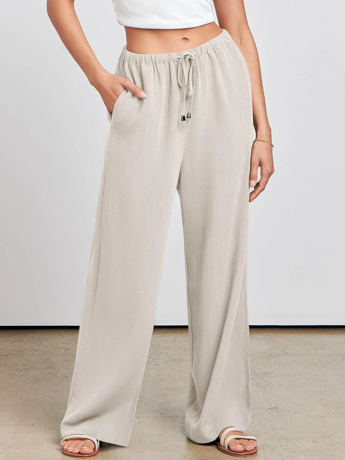 ANRABESS Womens Linen Palazzo Pants Summer Flowy Wide Leg Drawstring Casual Trousers with Pockets Beach Vacation Outfits