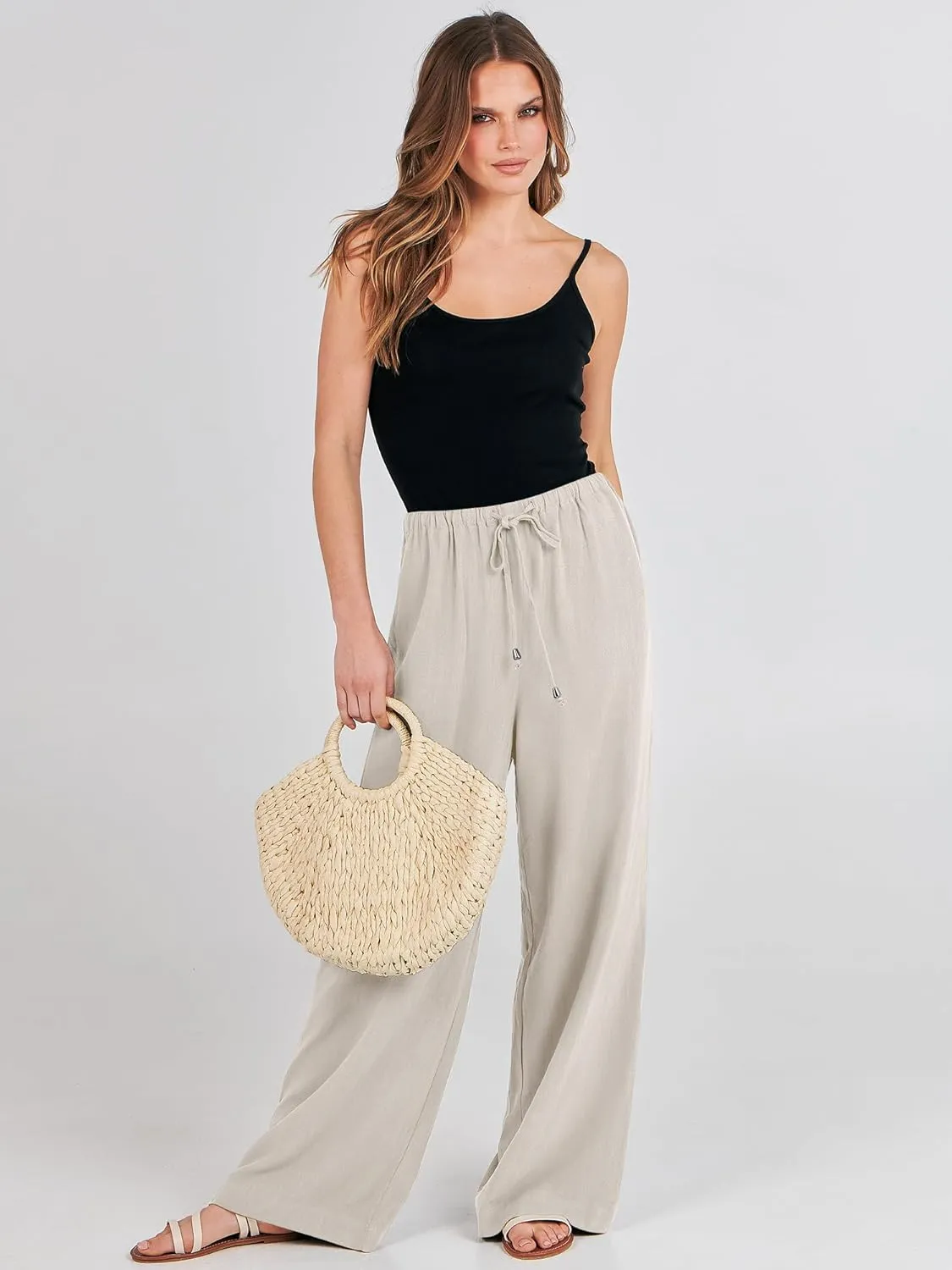 ANRABESS Womens Linen Palazzo Pants Summer Flowy Wide Leg Drawstring Casual Trousers with Pockets Beach Vacation Outfits