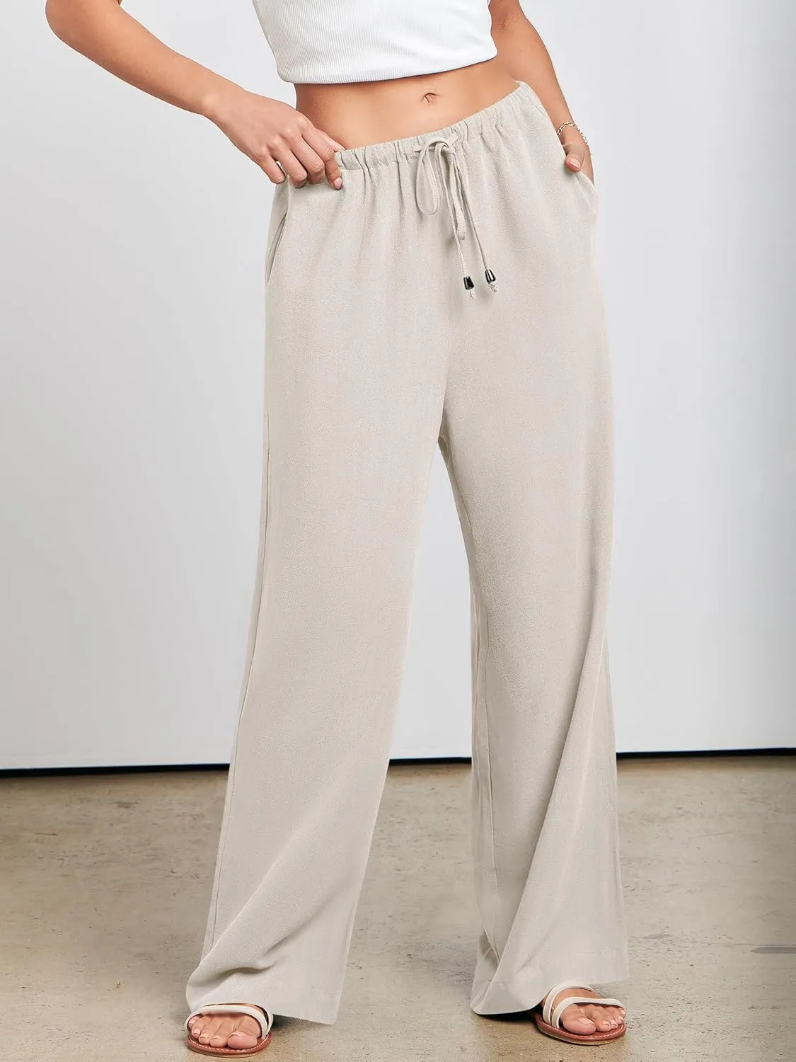ANRABESS Womens Linen Palazzo Pants Summer Flowy Wide Leg Drawstring Casual Trousers with Pockets Beach Vacation Outfits