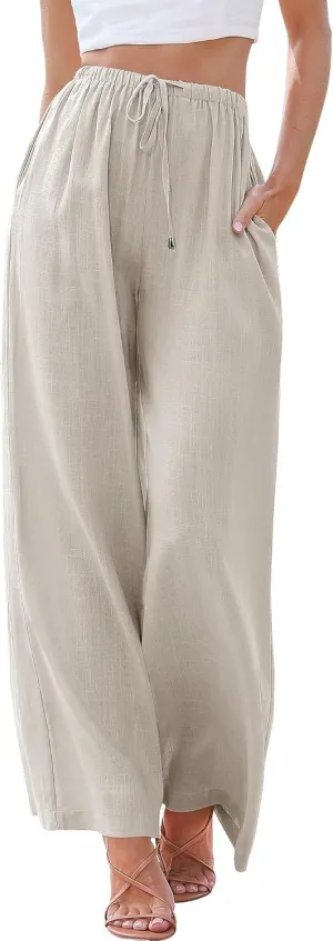 ANRABESS Womens Linen Palazzo Pants Summer Flowy Wide Leg Drawstring Casual Trousers with Pockets Beach Vacation Outfits