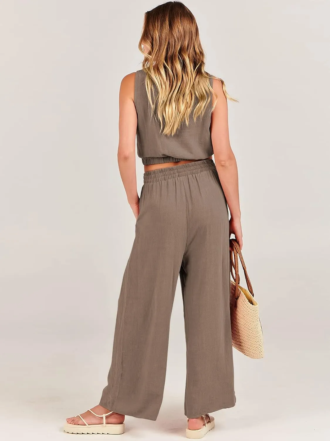 ANRABESS Womens Summer 2 Piece Outfits Sleeveless Crop Top Tank and Wide Leg Pants Linen Jumpsuit Beach Vacation Sets