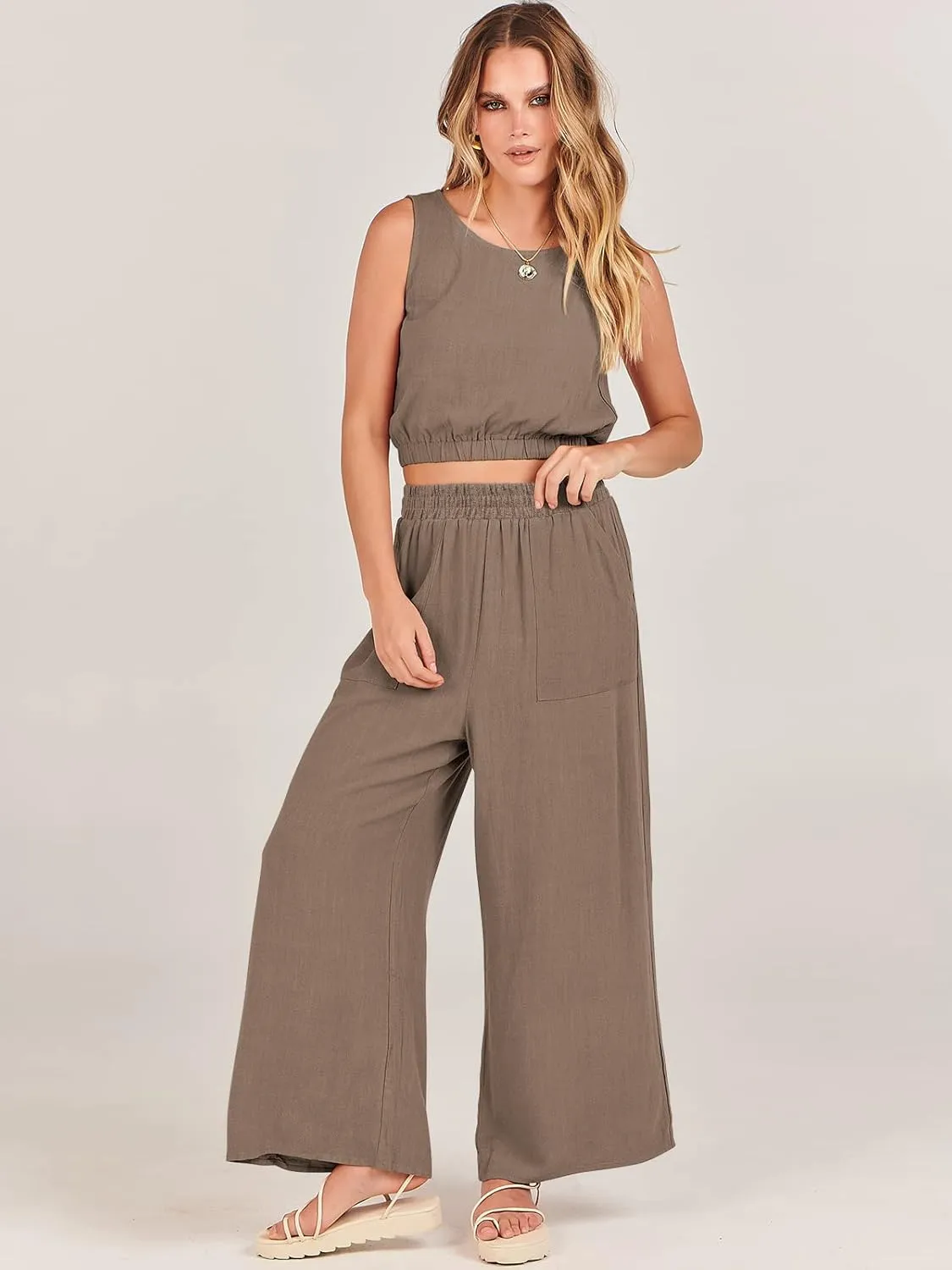 ANRABESS Womens Summer 2 Piece Outfits Sleeveless Crop Top Tank and Wide Leg Pants Linen Jumpsuit Beach Vacation Sets