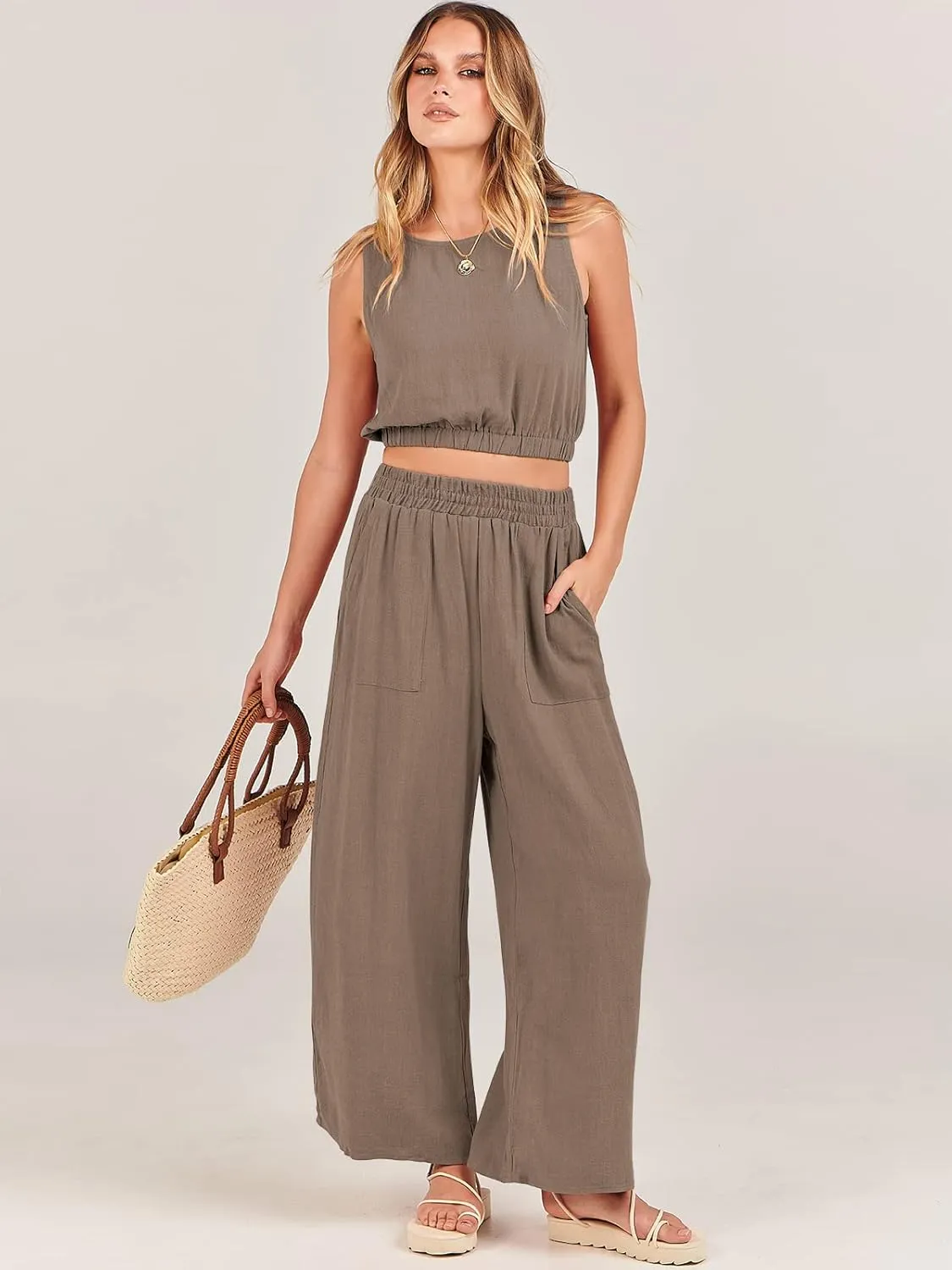 ANRABESS Womens Summer 2 Piece Outfits Sleeveless Crop Top Tank and Wide Leg Pants Linen Jumpsuit Beach Vacation Sets